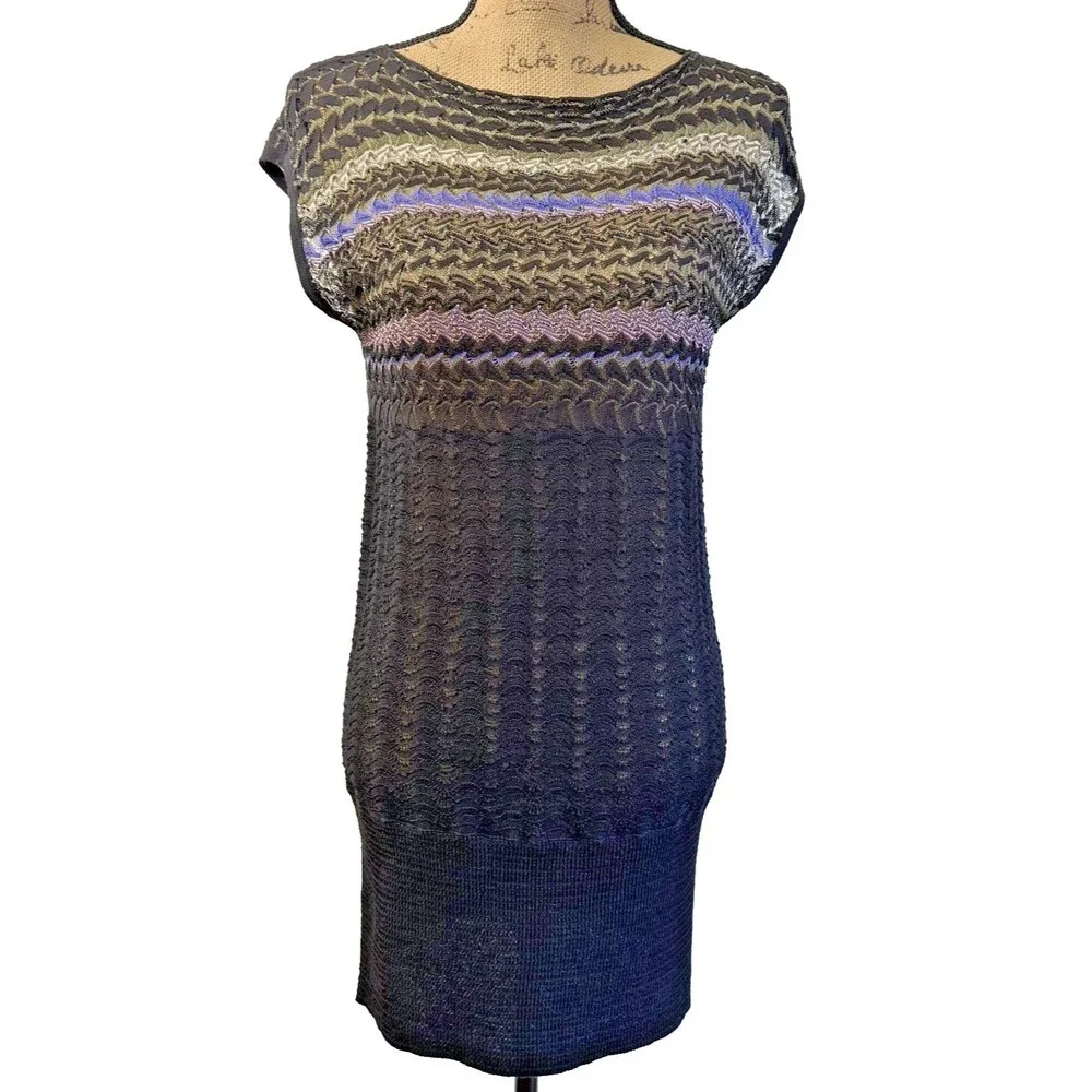 M Missoni Black Striped Zigzag Knit Cap Sleeve Mini Dress/Tunic Top Sz M